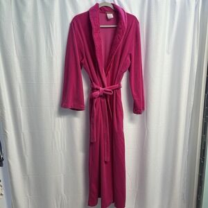 Vtg Cachet Bright Pink Belted Velour Full Length Embroidered Shawl Collar Robe
